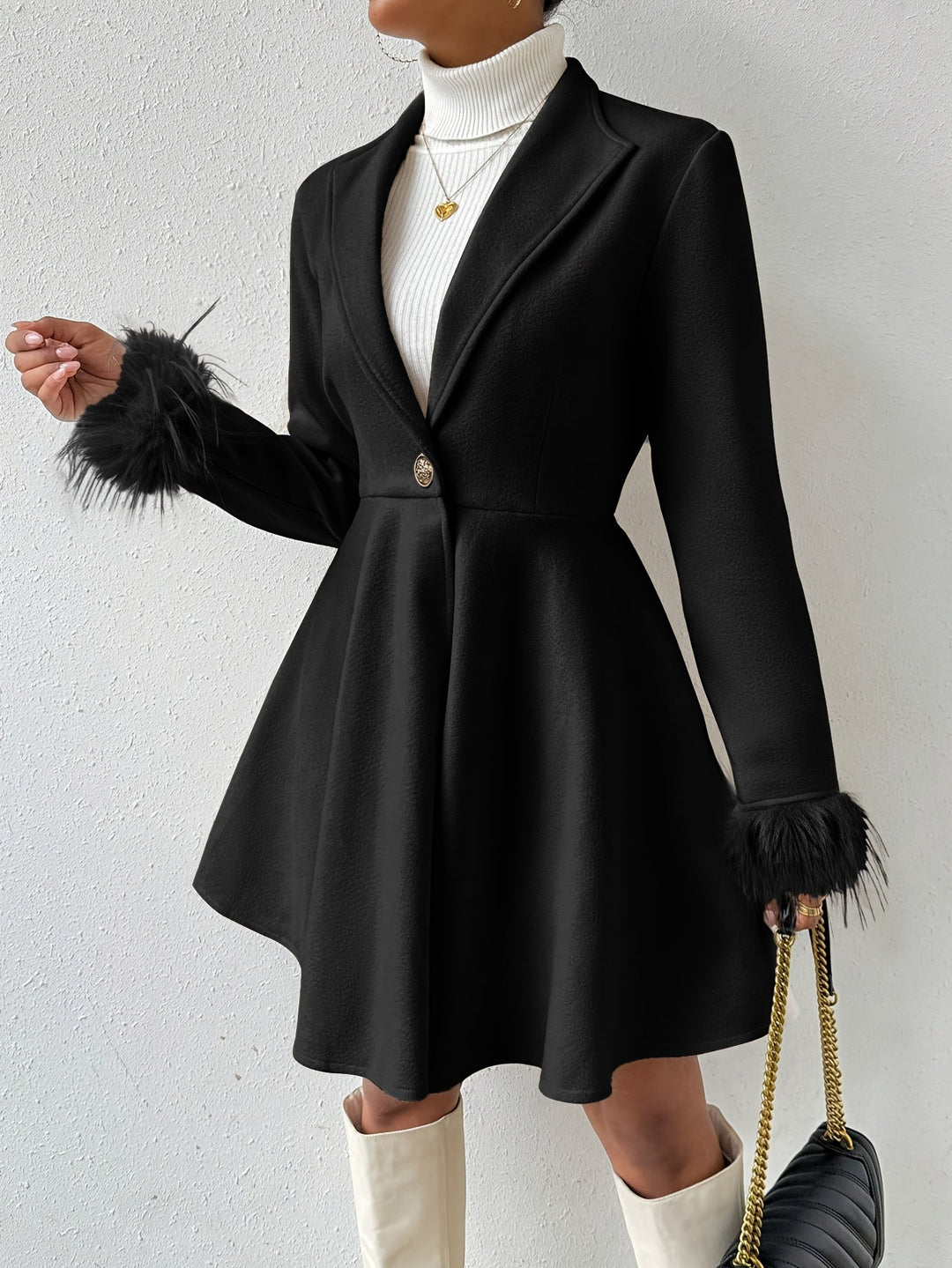 Margery - Women's A-Line Coat with Faux-Fur Cuffs
