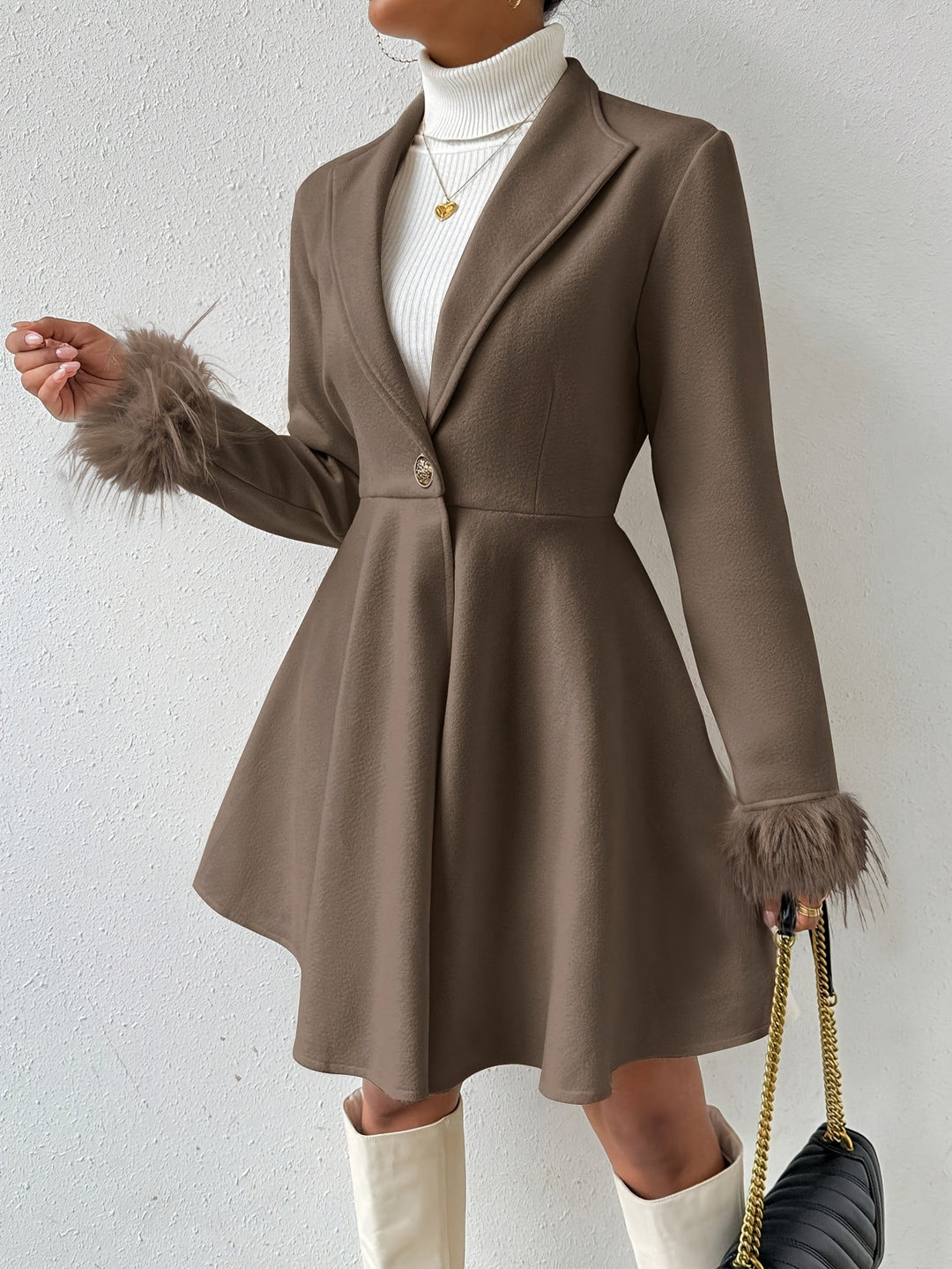 Margery - Women's A-Line Coat with Faux-Fur Cuffs