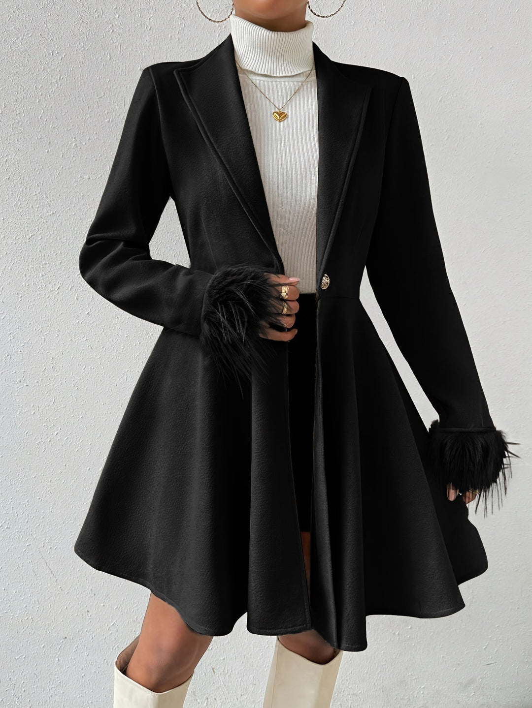 Margery - Women's A-Line Coat with Faux-Fur Cuffs