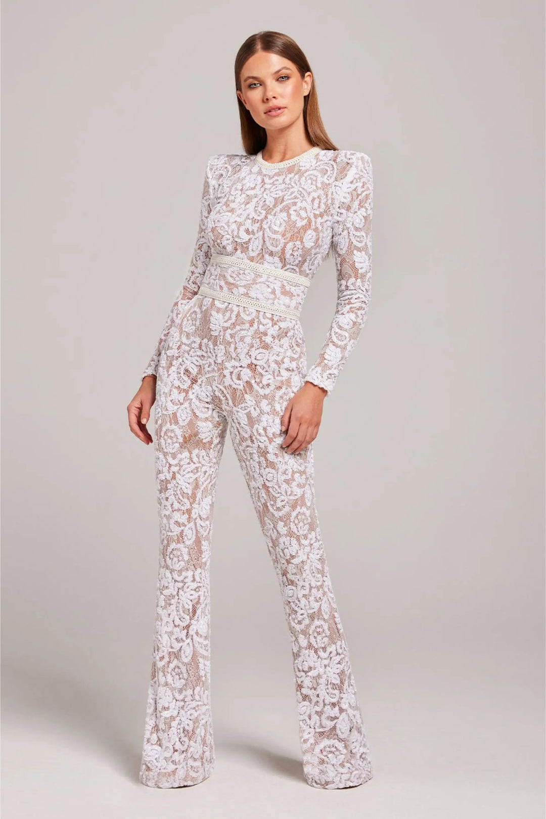 Margot - Women's Sequined Long-Sleeve Jumpsuit with Studded Waist Belt