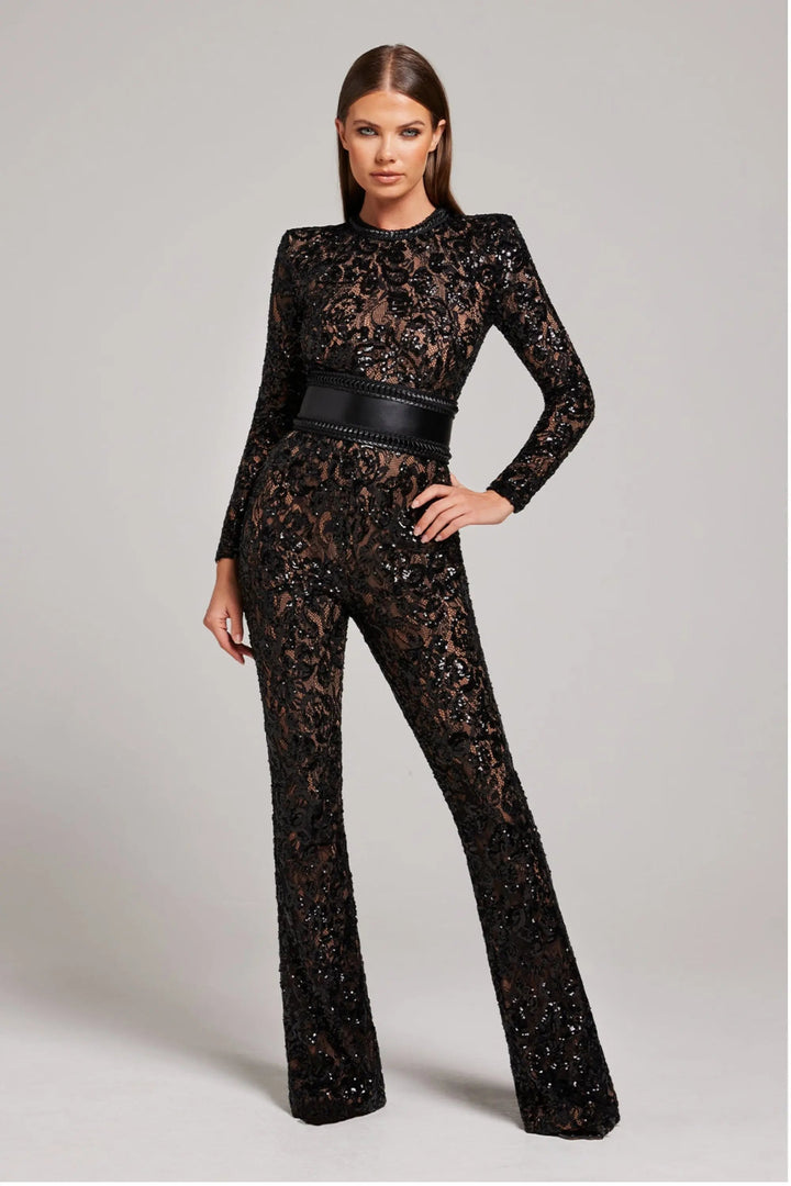 Margot - Women's Sequined Long-Sleeve Jumpsuit with Studded Waist Belt
