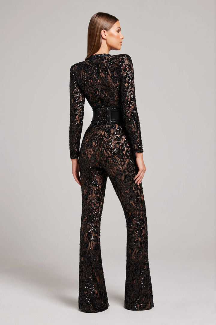 Margot - Women's Sequined Long-Sleeve Jumpsuit with Studded Waist Belt