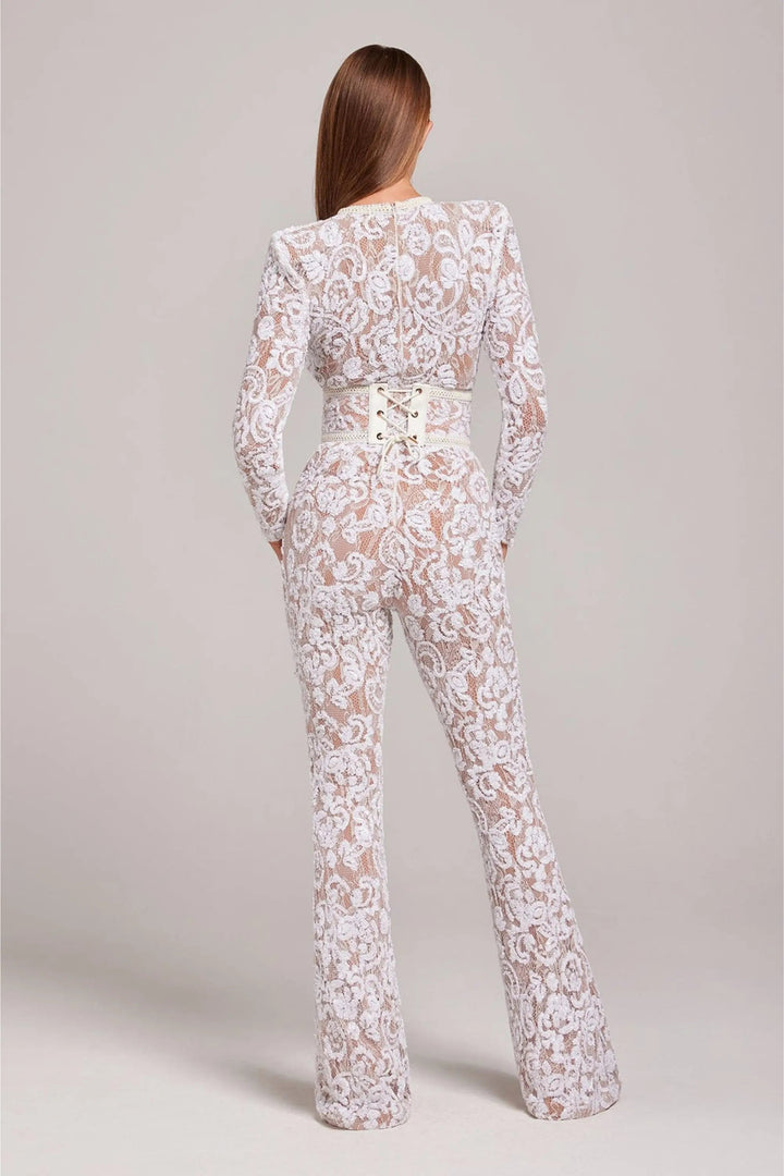 Margot - Women's Sequined Long-Sleeve Jumpsuit with Studded Waist Belt