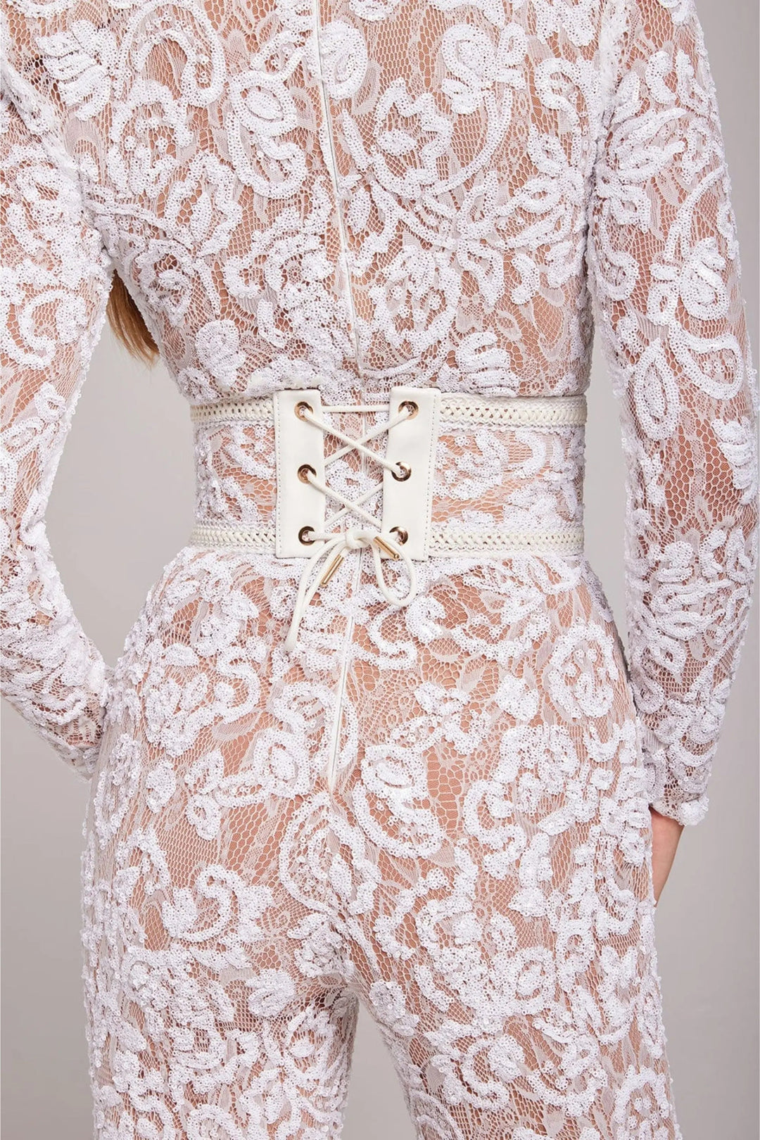Margot - Women's Sequined Long-Sleeve Jumpsuit with Studded Waist Belt