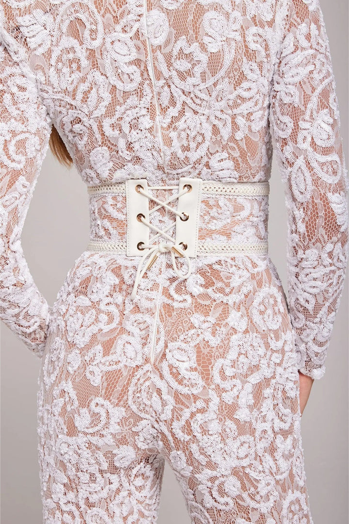 Margot - Women's Sequined Long-Sleeve Jumpsuit with Studded Waist Belt