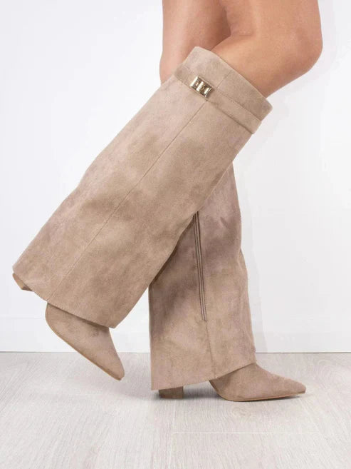 Margot - Women's Suede Knee-High Boots with Metallic Buckle Flap