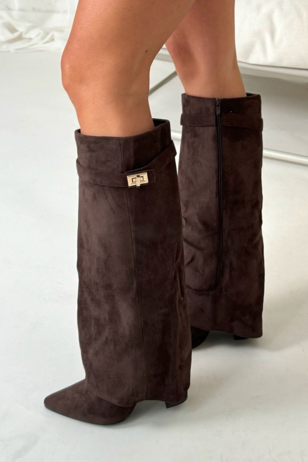 Margot - Women's Suede Knee-High Boots with Metallic Buckle Flap