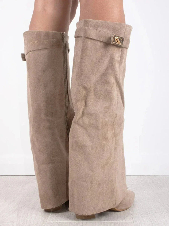 Margot - Women's Suede Knee-High Boots with Metallic Buckle Flap