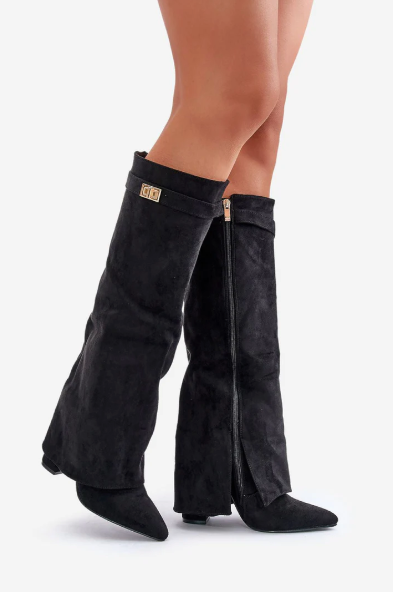 Margot - Women's Suede Knee-High Boots with Metallic Buckle Flap