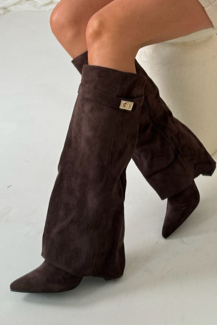 Margot - Women's Suede Knee-High Boots with Metallic Buckle Flap