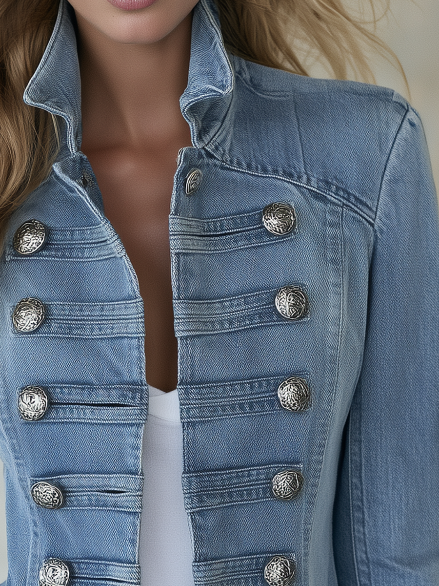Marguerite - Women's Military-Style Denim Jacket with Double-Row Silver Buttons