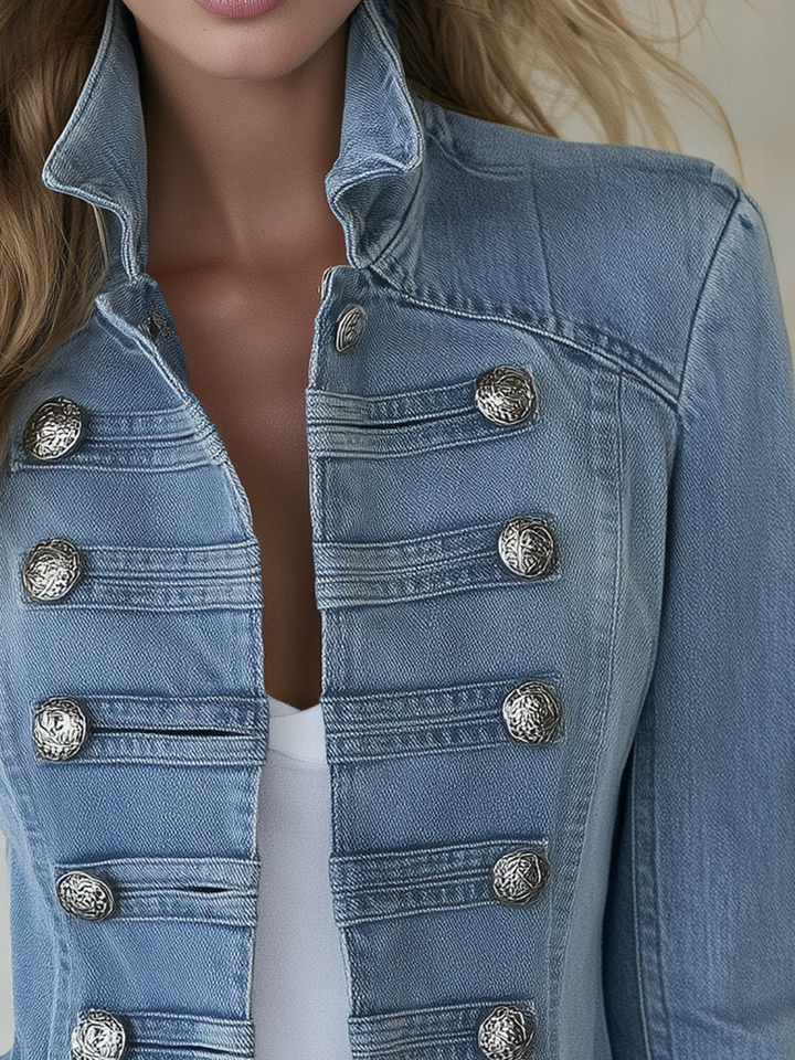 Marguerite - Women's Military-Style Denim Jacket with Double-Row Silver Buttons