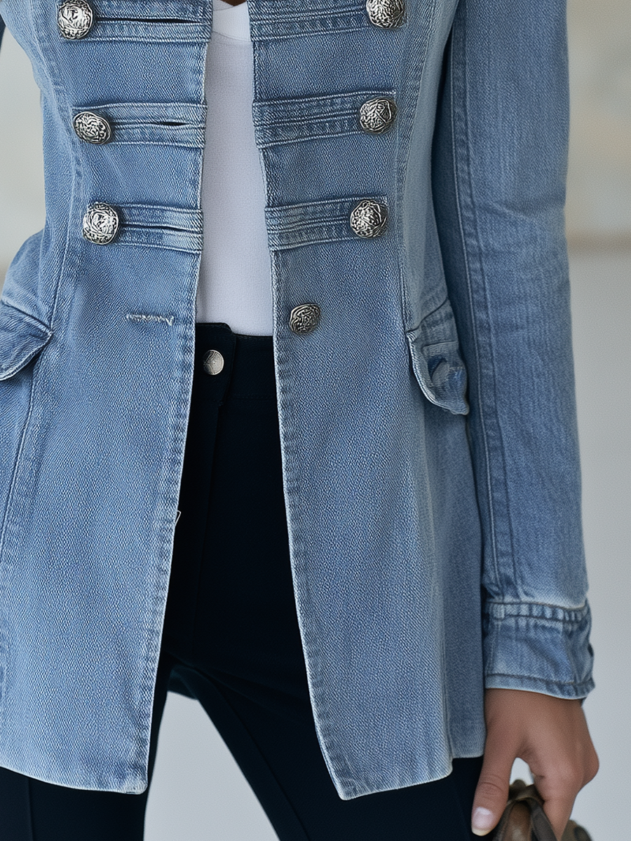 Marguerite - Women's Military-Style Denim Jacket with Double-Row Silver Buttons