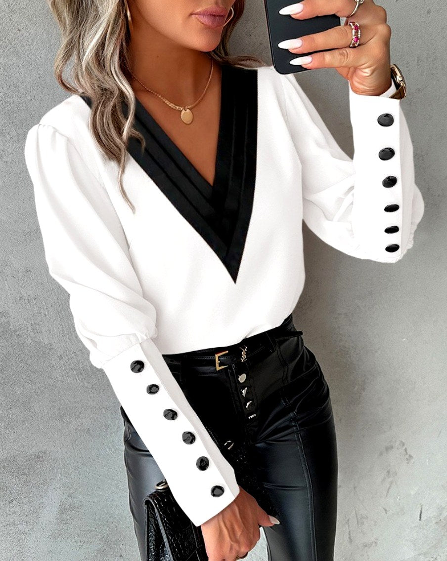 Marielle - Women's Contrast V-Neck Button Cuff Blouse 2
