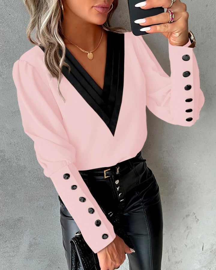 Marielle - Women's Contrast V-Neck Button Cuff Blouse 3