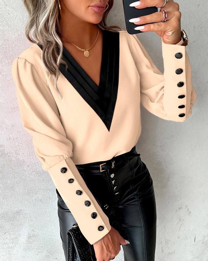 Marielle - Women's Contrast V-Neck Button Cuff Blouse 4