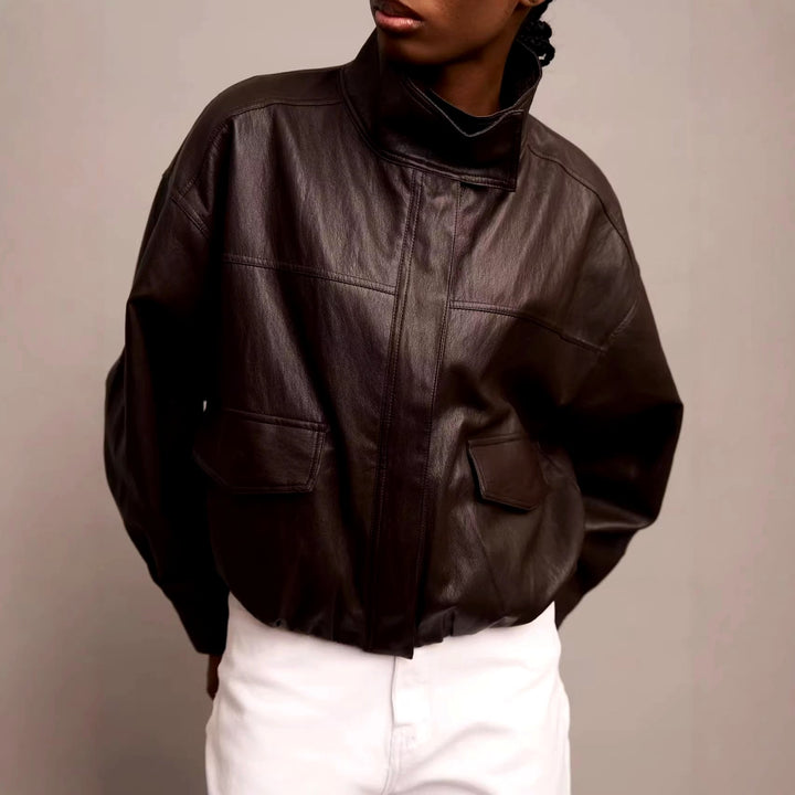 Marla - Women's Leather Oversized Cropped Jacket with Stand Collar 2