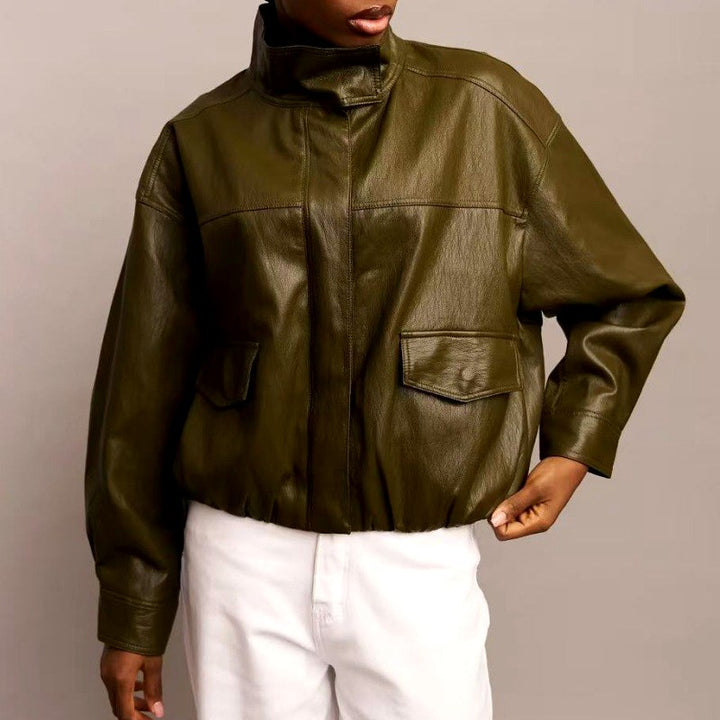 Marla - Women's Leather Oversized Cropped Jacket with Stand Collar 3