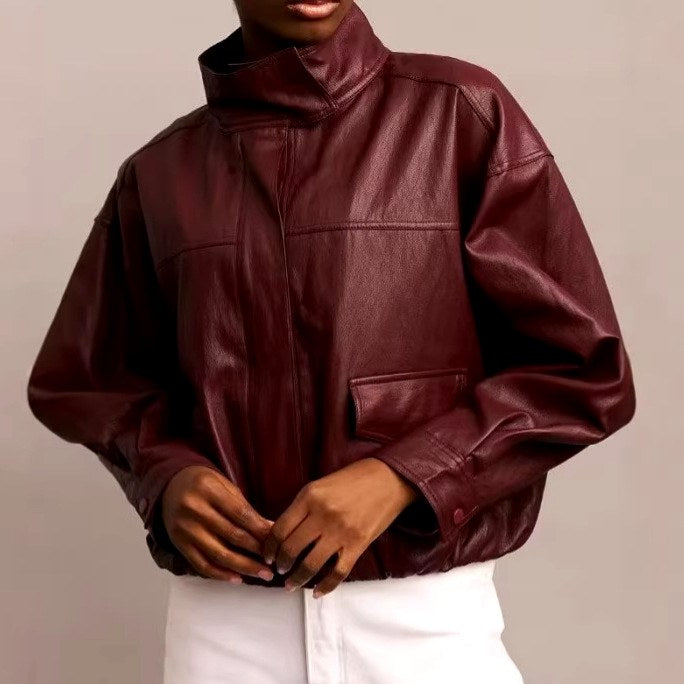 Marla - Women's Leather Oversized Cropped Jacket with Stand Collar 4