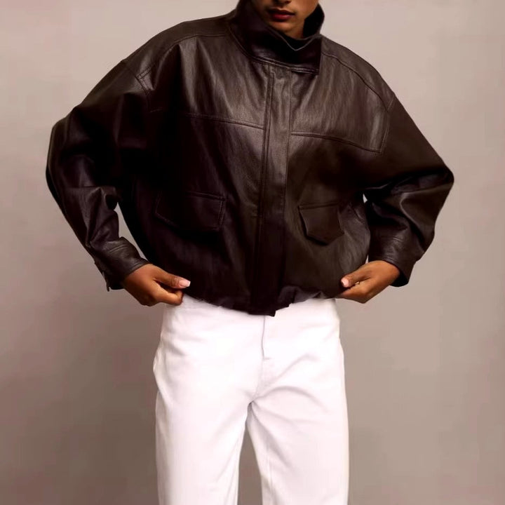 Marla - Women's Leather Oversized Cropped Jacket with Stand Collar 5