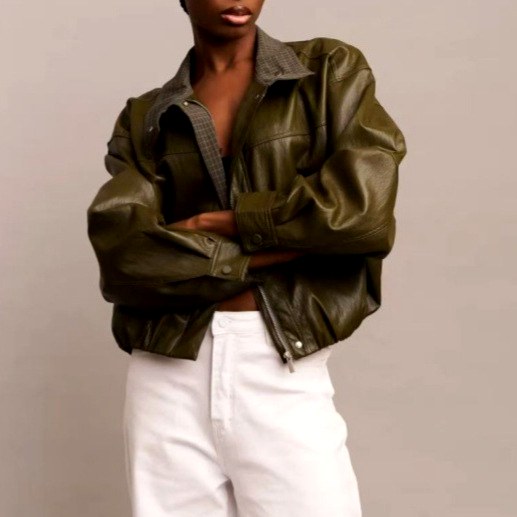 Marla - Women's Leather Oversized Cropped Jacket with Stand Collar 6