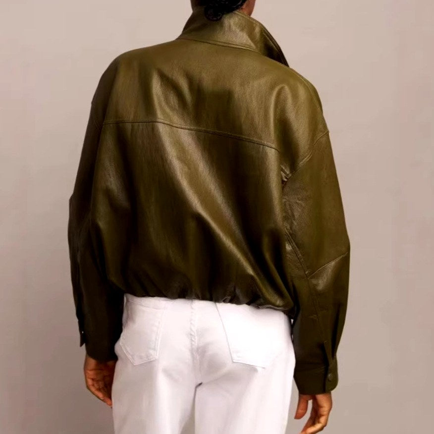 Marla - Women's Leather Oversized Cropped Jacket with Stand Collar 7