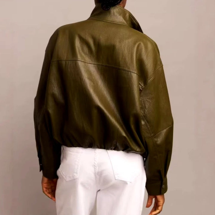 Marla - Women's Leather Oversized Cropped Jacket with Stand Collar 7