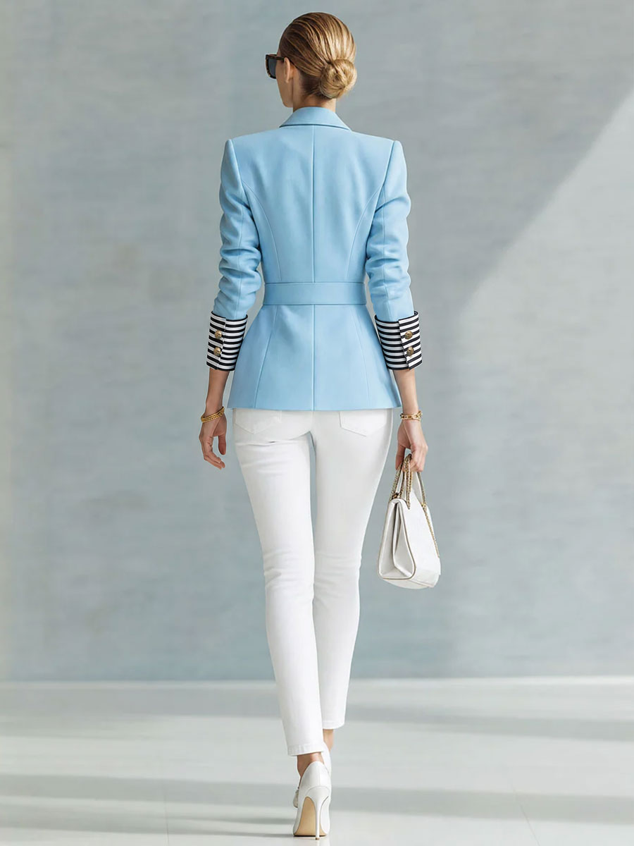 Marlene - Women's Belted Blazer with Striped Cuffs