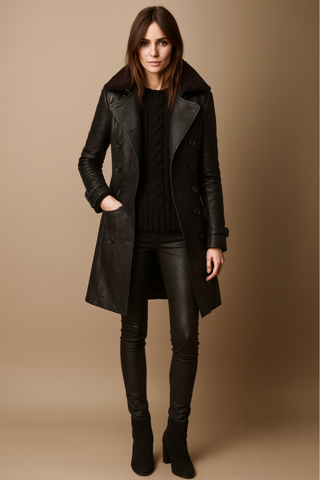 Matilda - Women's Pebble-Textured Faux Leather Trench with Shearling Collar