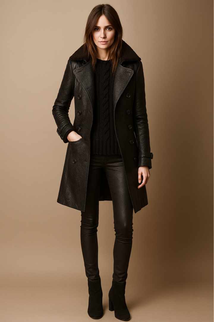 Matilda - Women's Pebble-Textured Faux Leather Trench with Shearling Collar