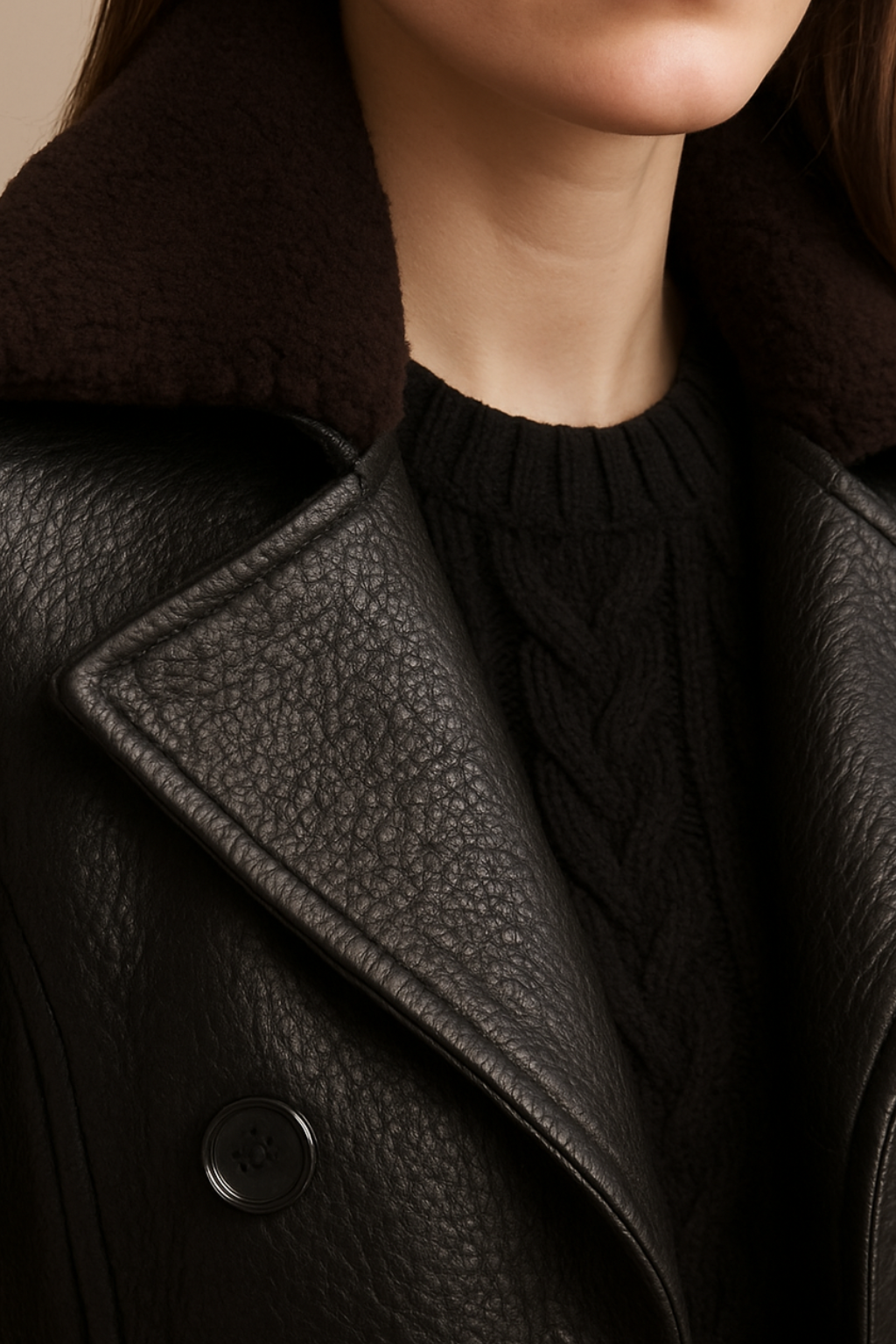 Matilda - Women's Pebble-Textured Faux Leather Trench with Shearling Collar