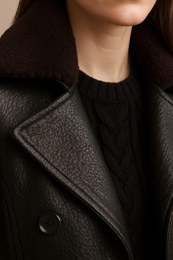 Matilda - Women's Pebble-Textured Faux Leather Trench with Shearling Collar