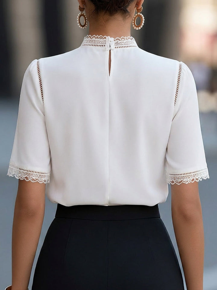 Megan - Women's Mock Neck Blouse with Lace-Trimmed Half Sleeves