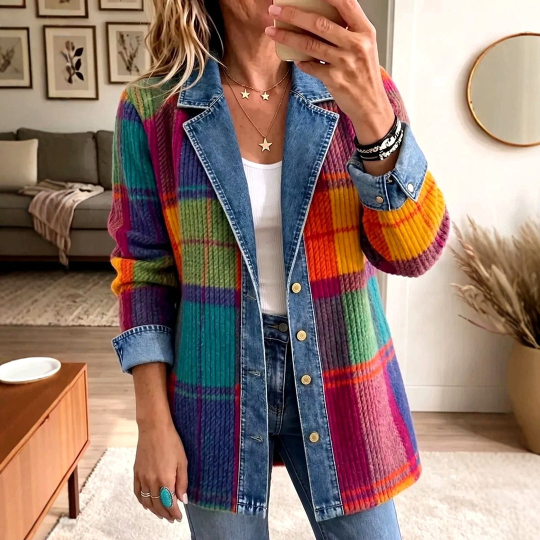 Melanie - Women's Patchwork Knit Denim-Lapel Jacket 1