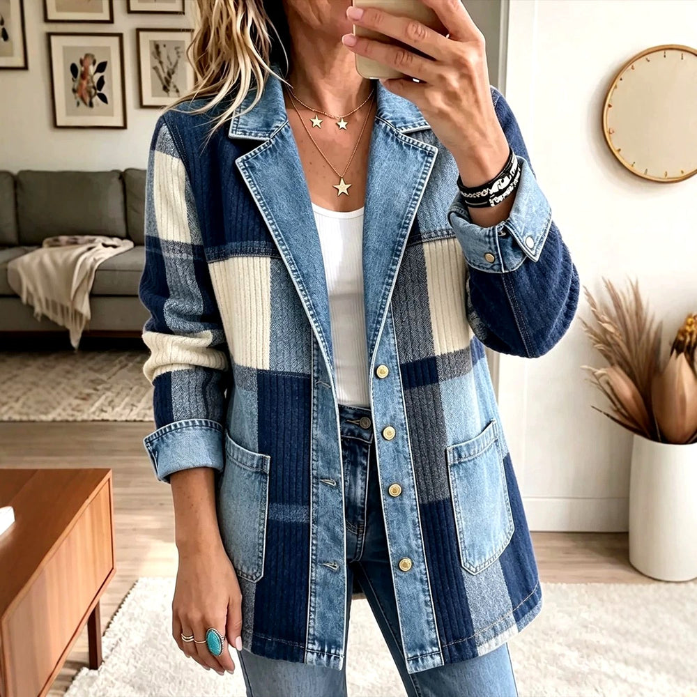 Melanie - Women's Patchwork Knit Denim-Lapel Jacket 2