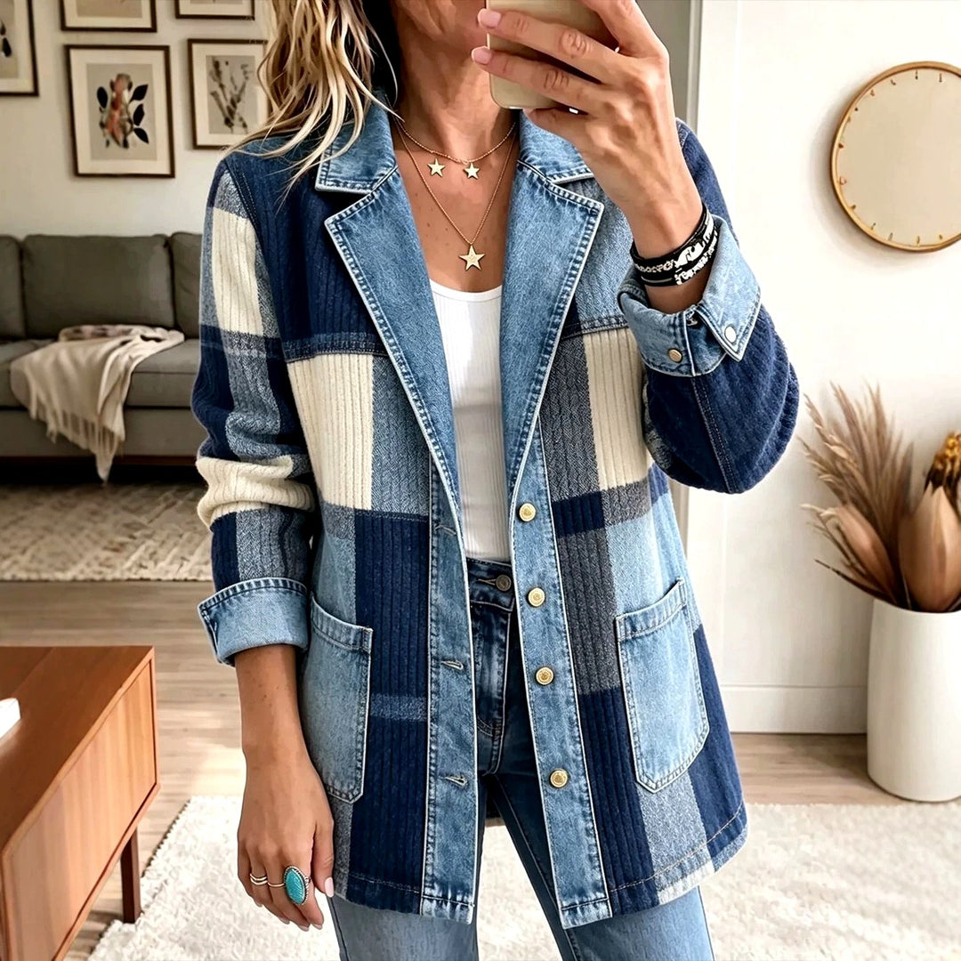 Melanie - Women's Patchwork Knit Denim-Lapel Jacket 2