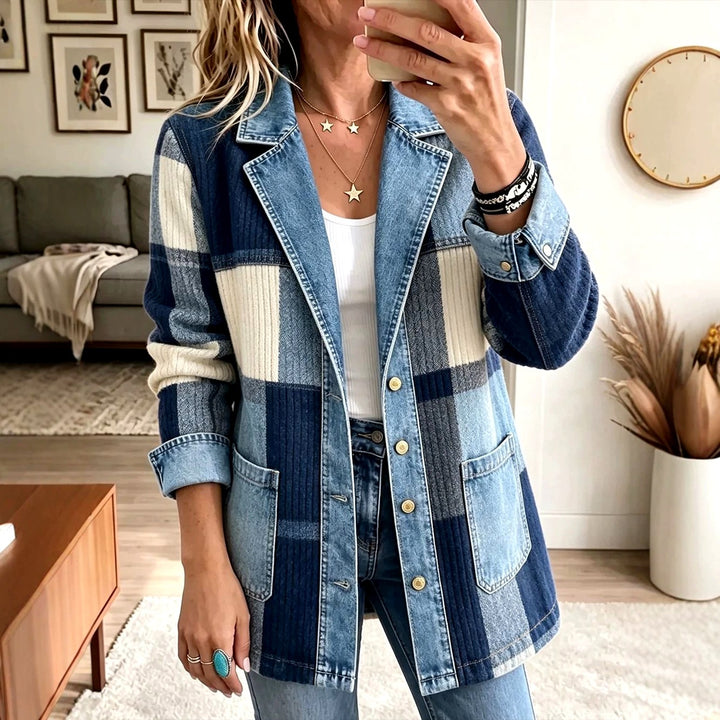 Melanie - Women's Patchwork Knit Denim-Lapel Jacket 2