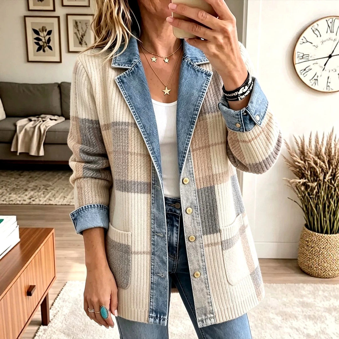 Melanie - Women's Patchwork Knit Denim-Lapel Jacket 3