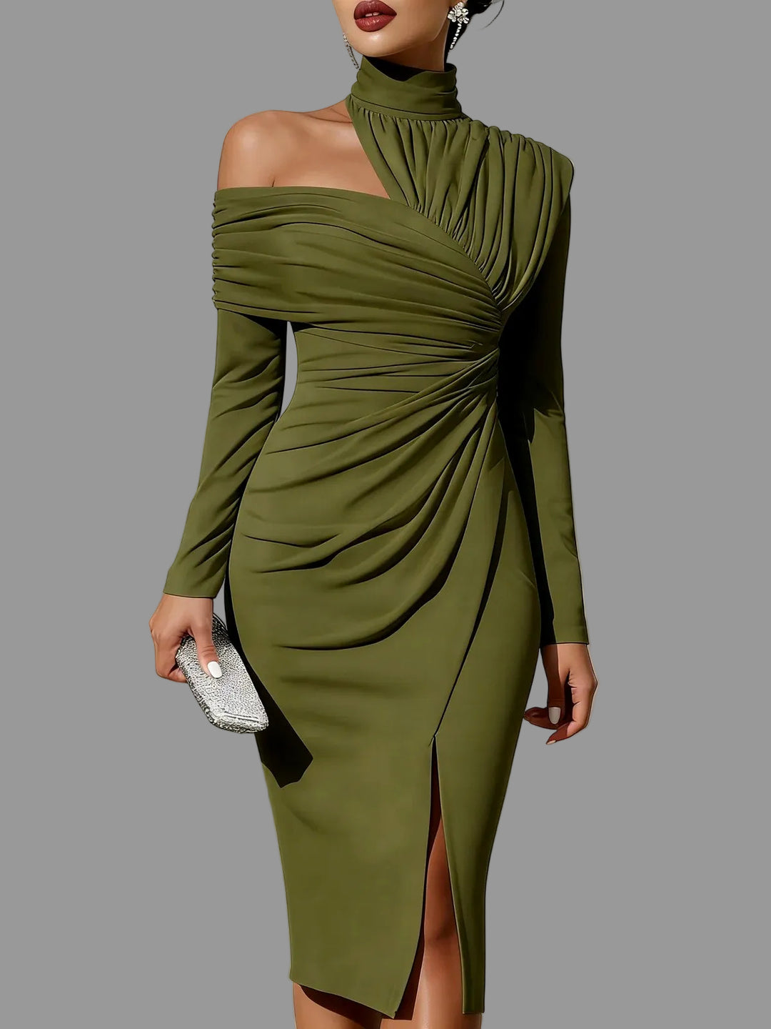 Millie - Women's Ruched Off-Shoulder High Neck Dress 7