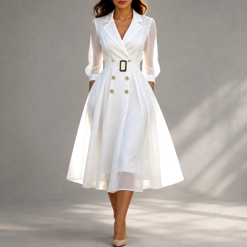 Mirabel - Women's V-Neck Slim Fit Belted Midi Dress 1