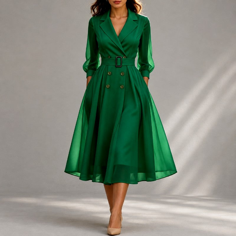 Mirabel - Women's V-Neck Slim Fit Belted Midi Dress 2