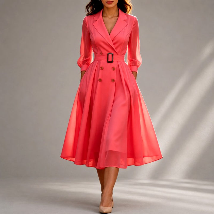Mirabel - Women's V-Neck Slim Fit Belted Midi Dress 4