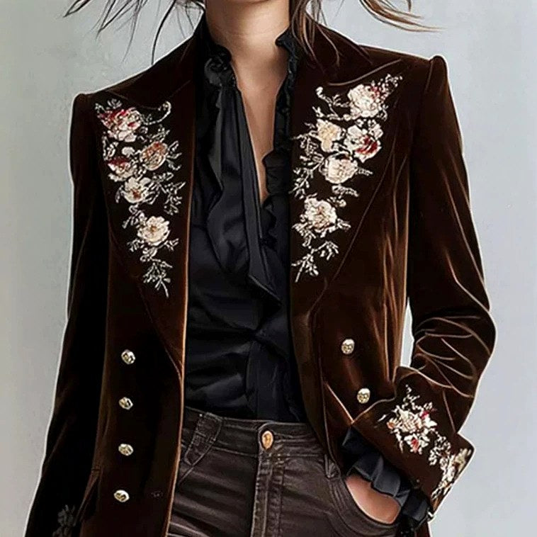 Monroe - Women’s Floral Embroidered Velvet Long Coat 2