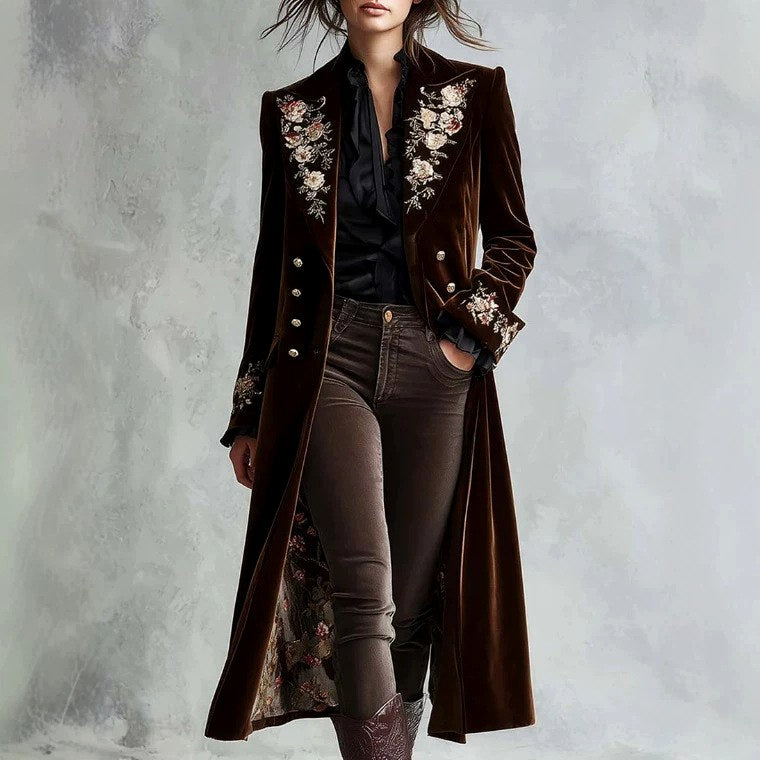 Monroe - Women’s Floral Embroidered Velvet Long Coat 3