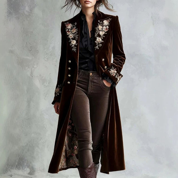 Monroe - Women’s Floral Embroidered Velvet Long Coat 3