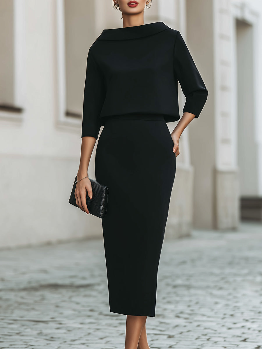 Nancy - Women's Boat-Neck Cropped Top and Midi Skirt Set