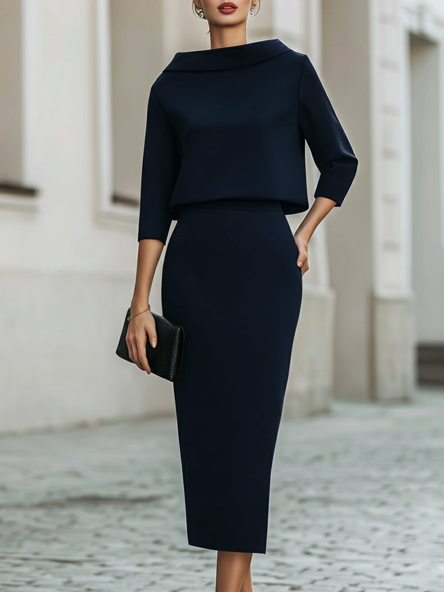Nancy - Women's Boat-Neck Cropped Top and Midi Skirt Set