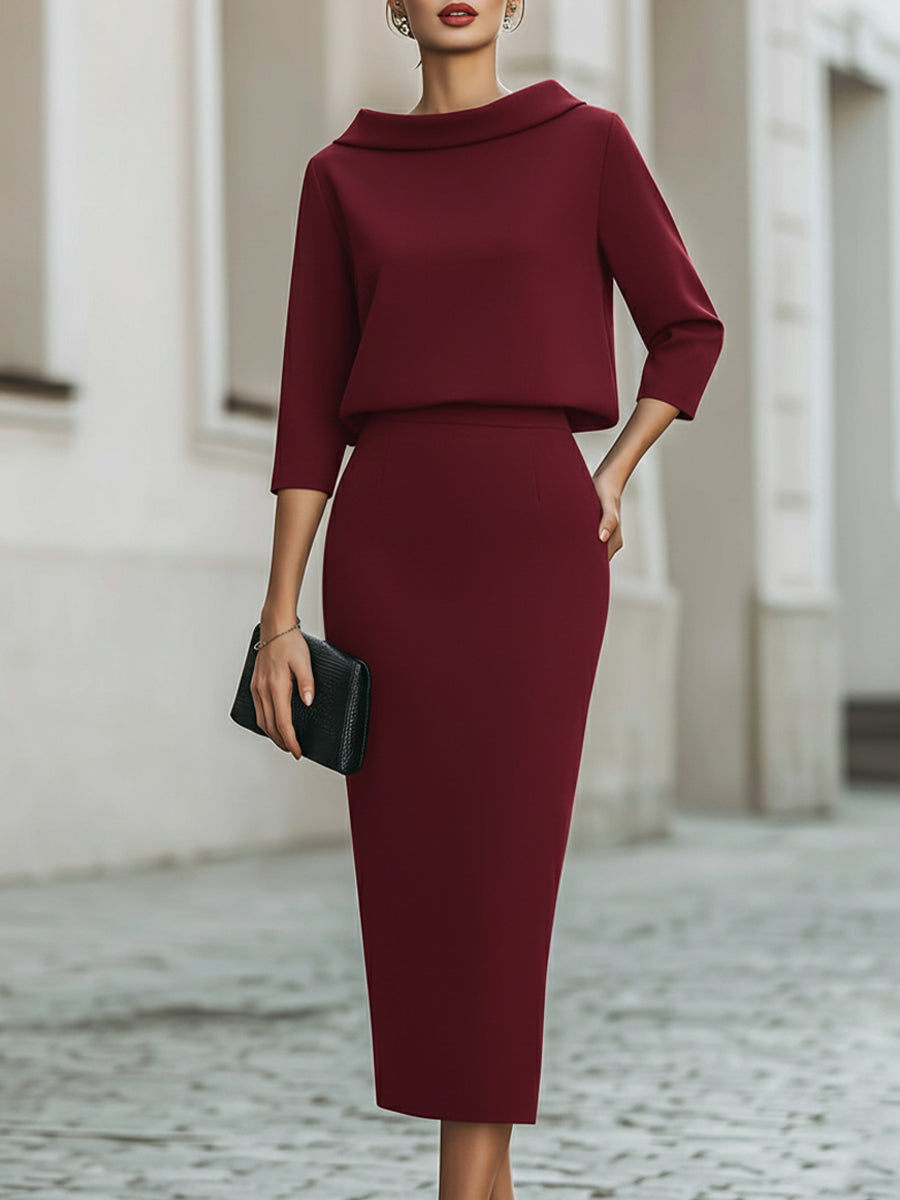 Nancy - Women's Boat-Neck Cropped Top and Midi Skirt Set