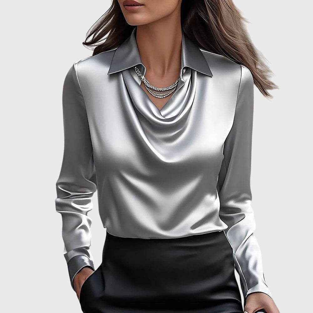 Natasha - Women's Cowl-Neck Draped Blouse with Long Sleeves