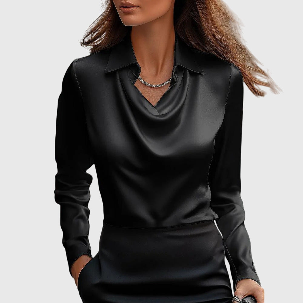 Natasha - Women's Cowl-Neck Draped Blouse with Long Sleeves